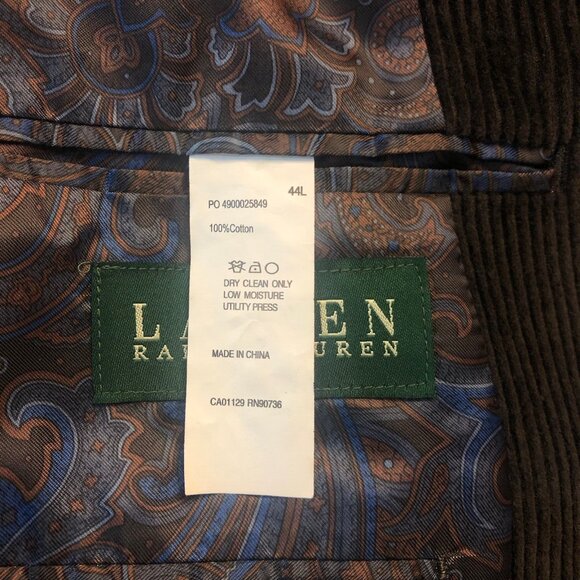 NWOT Lauren Ralph Lauren 100% Cotton Dark Brown Corduroy Sport Coat Size 44L - Picture 10 of 11